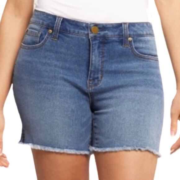 Seven7 Medium Wash Blue Denim Raw Hem Boyfriend Relaxed Jean Shorts Sz 12 - Picture 2 of 10